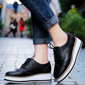 Genuine Leather Oxford Lace Up Striped Platform Shoes Vintage Platform Brogue